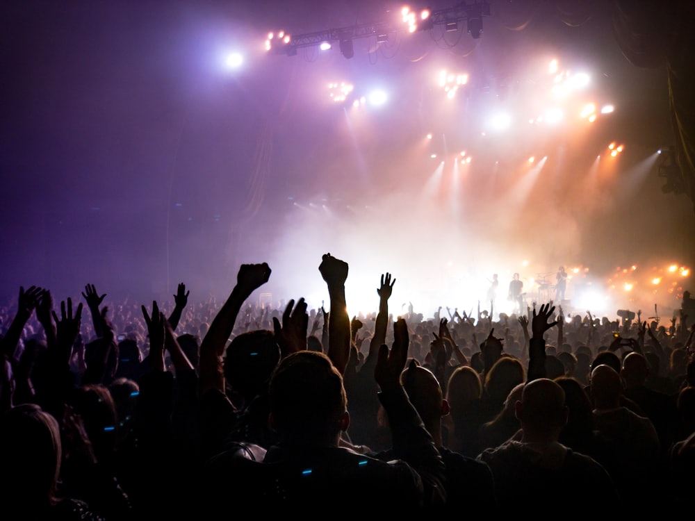 A concert crowd with raised hands under stage lights