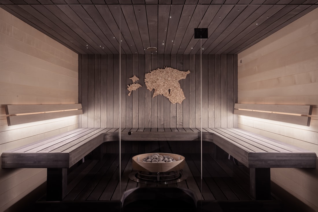 A serene wellness spa interior with warm wood and soft lighting